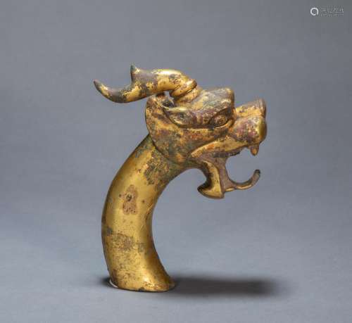 ANCIENT CHINESE GILT BRONZE DRAGON HEAD