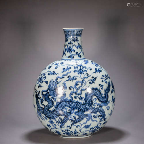 ANCIENT CHINESE BLUE AND WHITE DRAGON PATTERN FLAT BOTTLE