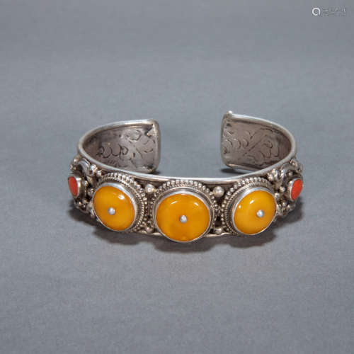 ANCIENT CHINESE STERLING SILVER BRACELET INLAID BEESWAX