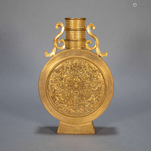 ANCIENT CHINESE GILT BRONZE DOUBLE-HANDLE FLAT BOTTLE