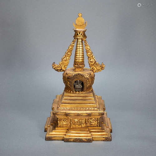 ANCIENT CHINESE GILT BRONZE STUPA