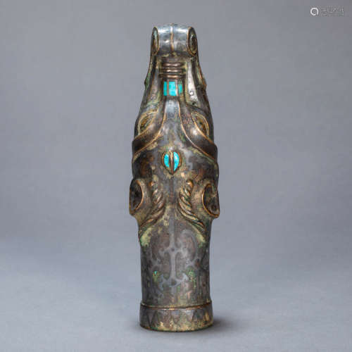 ANCIENT CHINESE BRONZE AND GOLD COVER CANE HEAD