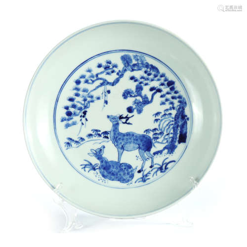 Qing Dynasty - Blue and White Porcelain Plate with Deer