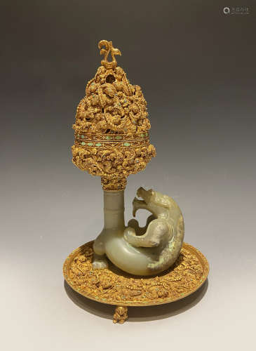 Han Dynasty - Silver Gilt with Gem and Jade Censer