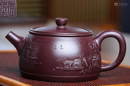 A LANDSCAPE PATTERN ZISHA POT MADE BY LIHESHENG