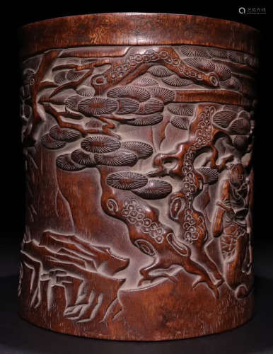 A RED WOOD CARVED FIGURE STORY PATTERN BRUSH POT
