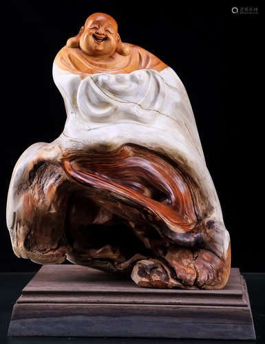 A TAIHANG YABAI WOOD CARVED MAITREYA BUDDHA STATUE