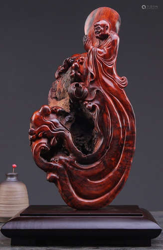 A XIAOYE ZITAN WOOD CARVED ARHAT SHAPE STATUE