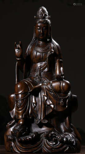 A HAINAN HUANGHUALI WOOD CARVED GUANYIN STATUE