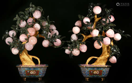 PAIR OF CRYSTAL CARVED PEACH BONSAI ORNAMENTS