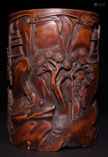 A BAMBOO CARVED FIGURE STORY PATTERN BRUSH POT