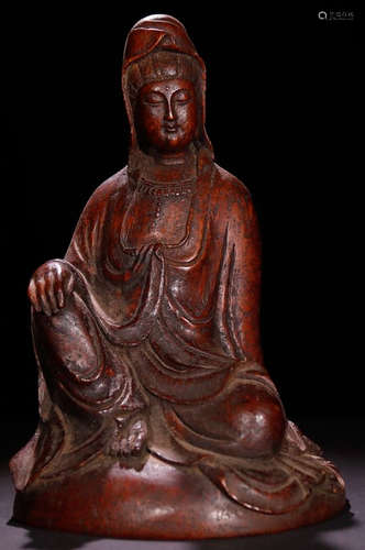 A BAMBOO CARVED GUANYIN BUDDHA STATUE