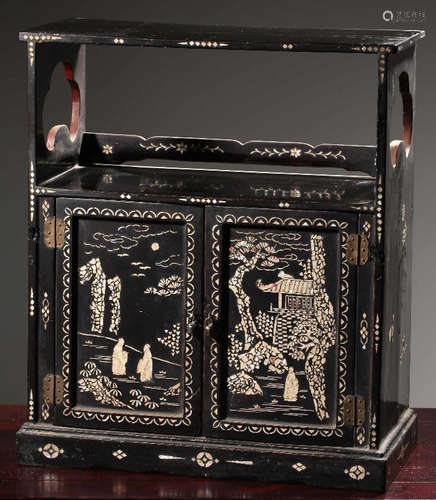 A LACQUER WITH RADEN FIGRUE STORY PATTERN TEA CABINET