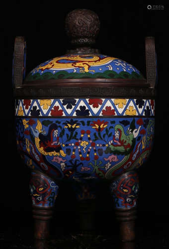 A CLOISONNE DRAGON PATTERN TRIPOD CENSER