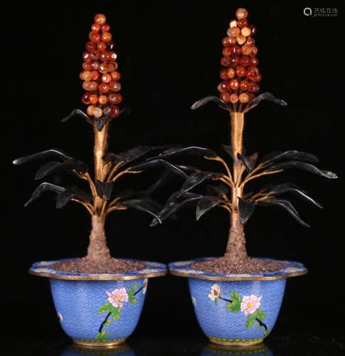 PAIR OF CLOISONNE WITH AGATE FLOWER BONSAI ORNAMENTS