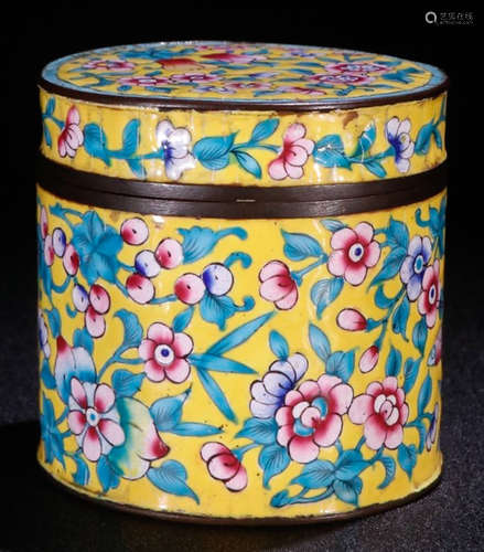 A COPPER ENAMELED FLORAL PATTERN BOX