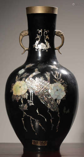 A COPPER WITH LACQUER RADEN FLORAL PATTERN VASE