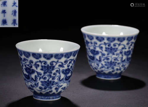 PAIR OF BLUE&WHITE GLAZE DRAGON PATTERN CUP