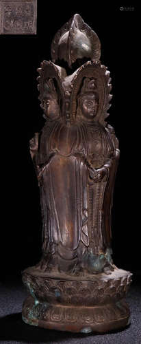 A COPPER CASTED GUANYIN BUDDHA STATUE