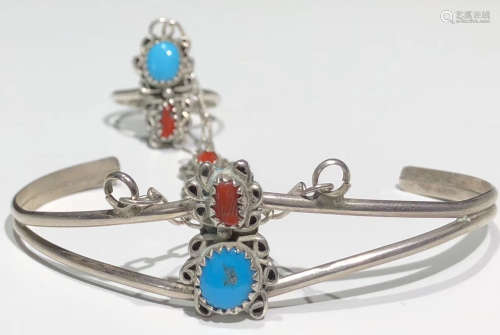 A 925 SILVER WITH CORAL&TURQUOISE BRACELET