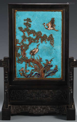 A CLOISONNE WITH ZITAN WOOD SCREEN