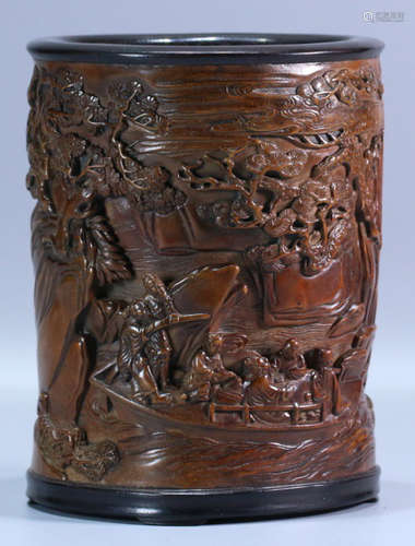 A CHENXIANG WOOD CARVED LANDSCAPE PATTERN BRUSH POT