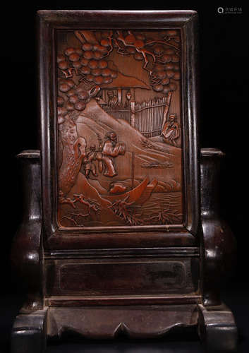 A BAMBOO WITH ZITAN WOOD FIGURE PATTERN SCREEN