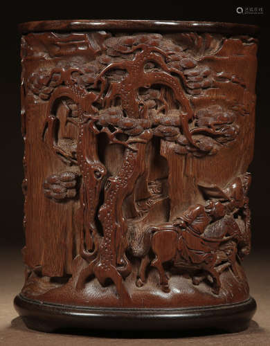 A BAMBOO CARVED FIGURE STORY PATTERN BRUSH POT