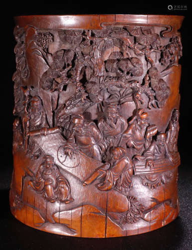 A BAMBOO CARVED FIGURE STORY PATTERN BRUSH POT