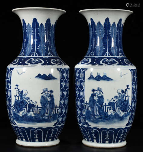 PAIR OF BLUE&WHITE GLAZE FIGURE PATTERN VASES