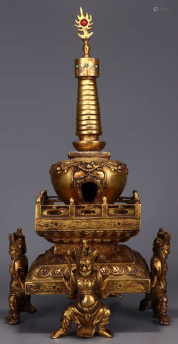 A GILT BRONZE CASTED PAGODA