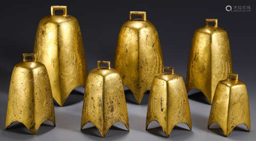 SET OF GILT BRONZE CASTED PHOENIX PATTERN BELLS