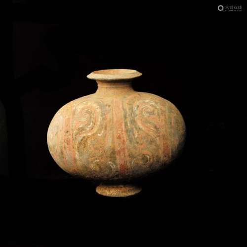 Grey terracotta cocoon vase with traces of polychr…