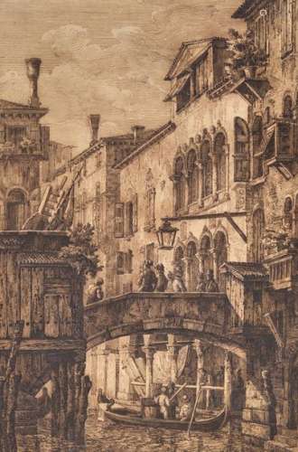 CHEVALIER Canal and palace in Venice Pen and brown…