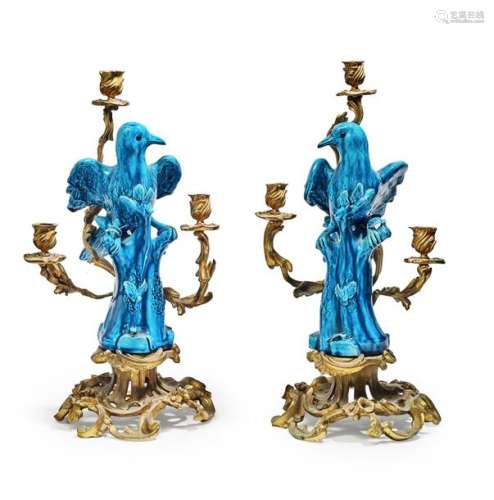Pair of candlesticks in gilt bronze and enamelled …
