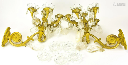 Pr Antique 19th C Gilt Bronze Rock Crystal Sconces