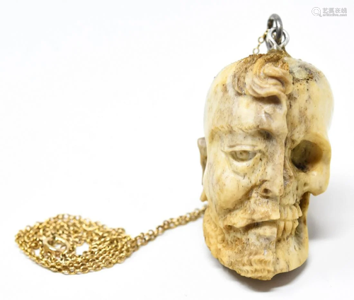 Memento Mori Skull & Face Pendant on 14kt Gold