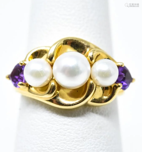 Estate 14k Yellow Gold Amethyst and Pearl Ring