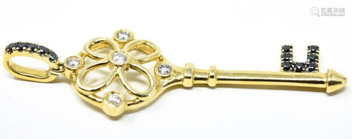 14k Gold, Black and White Diamond Key Pendant