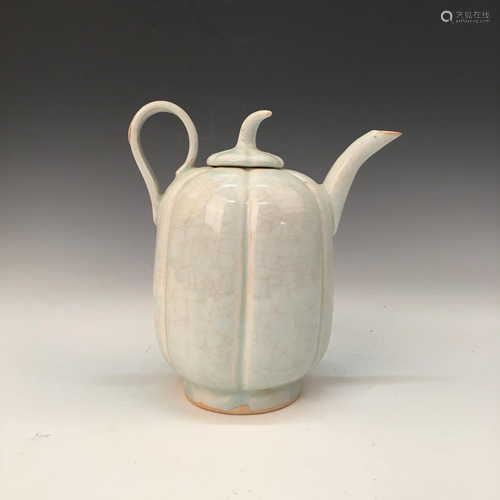 Chinese Celdon Glazed Pumpkin Shaped Pitcher