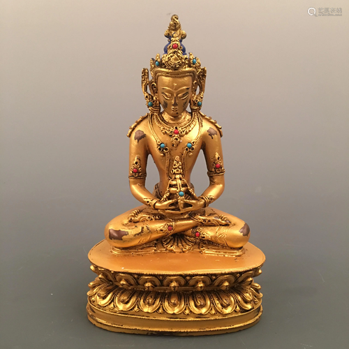 Chinese Gilt Bronze Amitayus Figure Inlaid Gemsto…