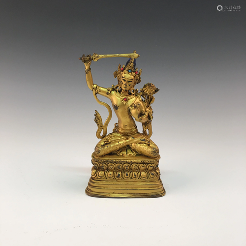 Chinese Gilt Bronze Buddha Figure Inlaid Gemstones