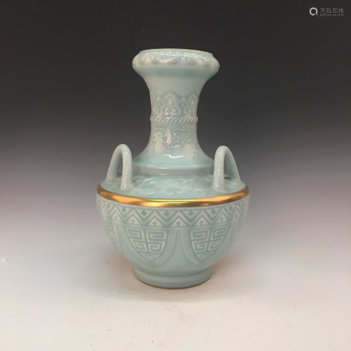 Chinese Azure Glazed Gilt Rim Vase, Qianlong Mark