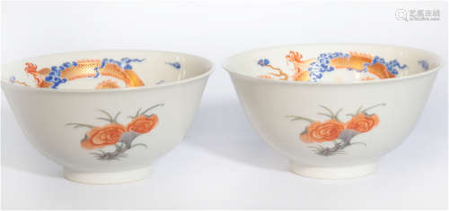 Pair Underglaze Blue Iron Red and Gilt Bowls Qianlong Period