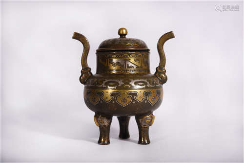 An Aubergine Glaze and Gilt Incense Burner Qianlong Period