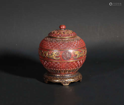 A Carved Cinnabar Lacquer Imitation Porcelain Jar with Lid
