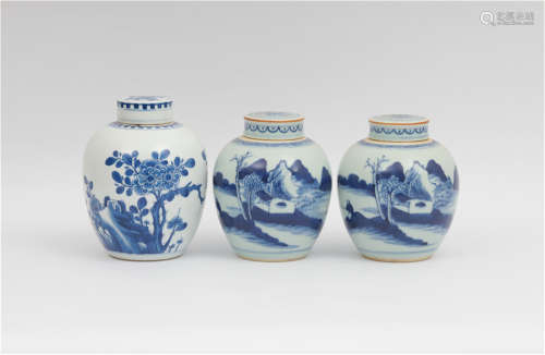 Three pieces of blue and white porcelain of Kangxi in Qing Dynasty