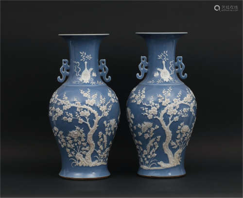 Pair of Blue Ground Reserve Decorated Vases Qing Dynasty