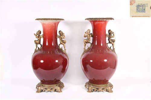 Pair Red Glazed Decorative Vases Qianlong Period