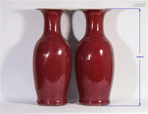 Pair Red Glazed Vases Qing Dynasty